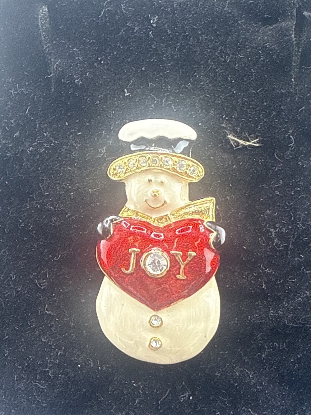 Vtg Christmas Snowman Brooch Pin Enameled Gold Tone Rhinestone Red Joy Heart 2”
